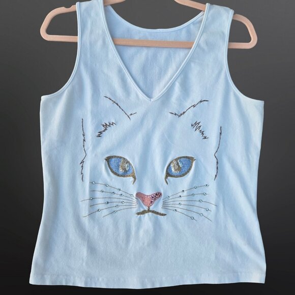 Vintage 80s Cat Face Tank Top size M Embroidered Rhinestone White V Neck - Picture 1 of 7